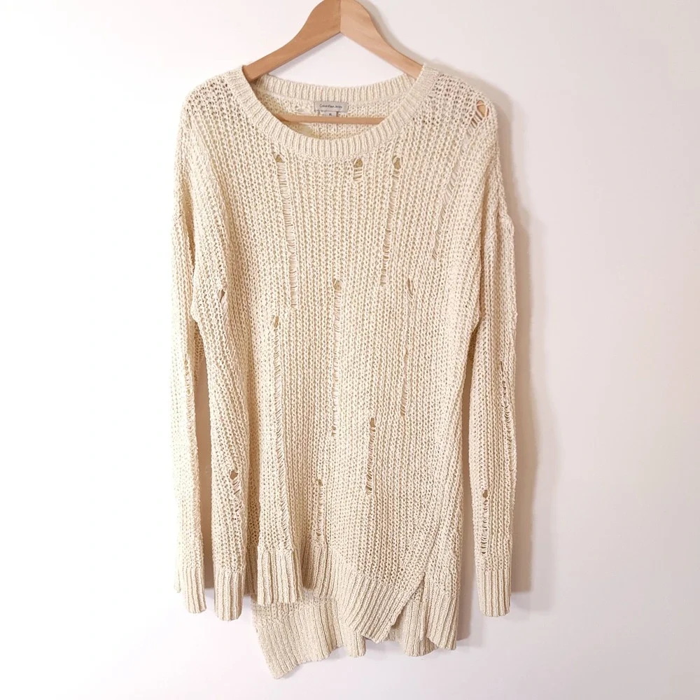 Calvin Klein Womens XL Cream Distressed Open Knit Sweater‎ Long Sleeve Ivory